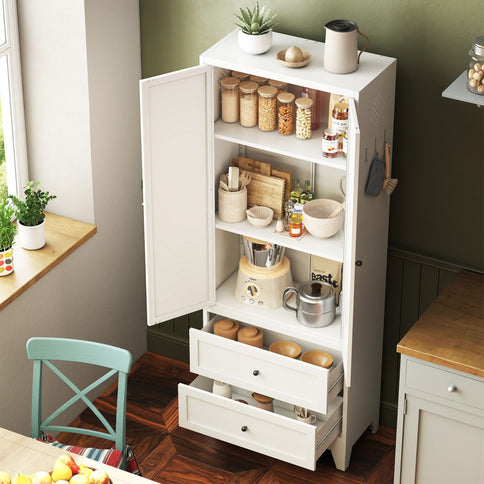 Pantry Cabinet With 2 Drawers, Freestanding Kitchen Storage Cabinet With Adjustable Shelves, Heavy-Duty Organizer For Spices, Dishware, Small Appliances - White