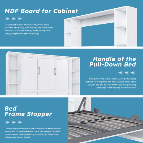 Queen Murphy Bed With Storage Cabinet, Foldable Wall Bed For Bedrooms - White