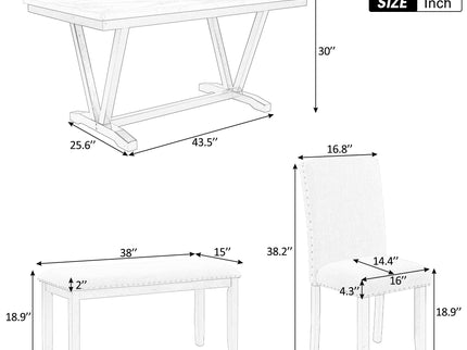 6 Piece Dining Table Modern Style With 4 Chairs & 1 Bench, Table With Marbled Veneers Tabletop And V-Shaped Table Legs - White