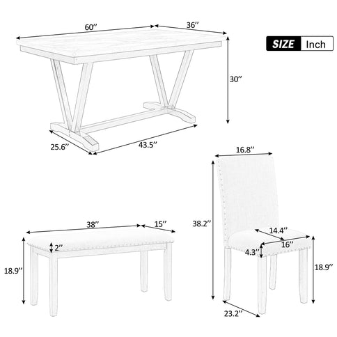 6 Piece Dining Table Modern Style With 4 Chairs & 1 Bench, Table With Marbled Veneers Tabletop And V-Shaped Table Legs - White