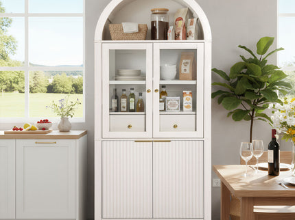 Fluted Tall Arched Pantry Cabinet With Adjustable Shelves, Glass Door & Hidden Drawer For Kitchen
