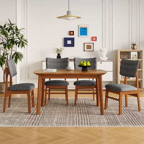 Mid Century Modern Dining Table Set For 4, Solid Wood Dining Table And Solid Wood Chairs, 5 Pieces Farmhouse Dining Table And 4 Upholstered Chairs - Brown / Gray
