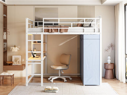 Loft Bed With Desk, Shelves, Power Outlet, LED Light And Wardrobe