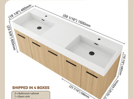 Floating Double Sink Bathroom Vanity With Extra Large Storage, Integrated Sink, Soft Close Doors, Wall Mounted Bath Vanity - Glossy White / Light Oak