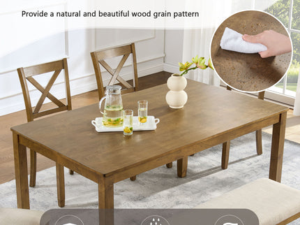 6 Piece Dining Table Set, Large Rectangular Table With Upholstered Bench & 4 X - Back Chairs, Kitchen Furniture - Oak