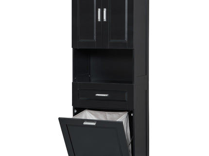 Tall Bathroom Cabinet With Tilt-Out Laundry Basket And Upper Storage