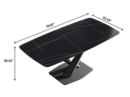 70.87" Modern Artificial Stone Black Curved Black Metal Leg Dining Table, Can Accommodate 6-8 People - Black