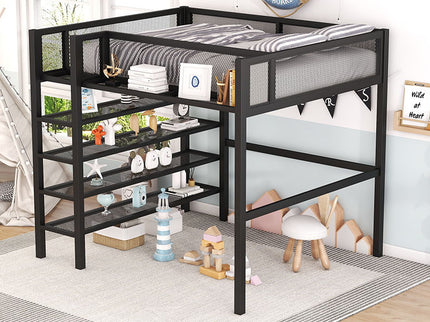 Loft Bed With 4 Tier Shelves And Storage