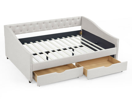 Upholstered Tufted Daybed With Drawers, Waved Arms