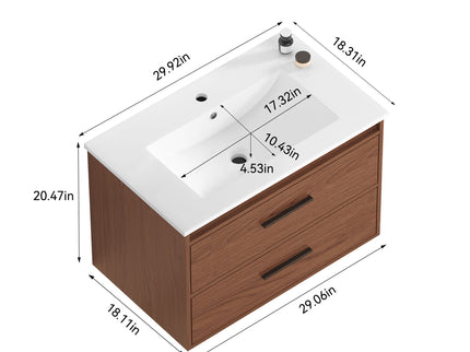 Wall Mounting Bathroom Vanity With Soft Close 2 Drawer, Sink - Reddish Brown