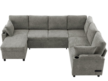U-Shaped Sectional Sleeper Sofa With Ample Storage Space, 2 Cup Holders And Charging Ports For Living Room