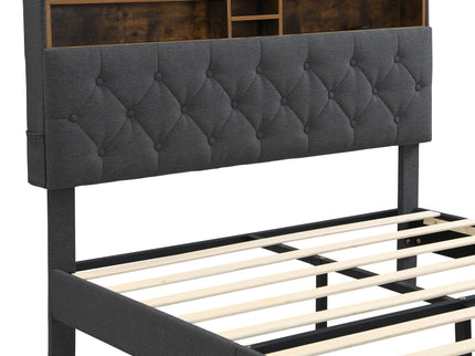 Modern Upholstered Platform Bed Frame With Button Tufted Headboard And USB Ports