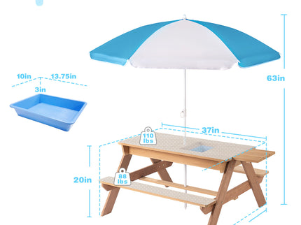 3-In-1 Kids Outdoor Wooden Picnic Table With Umbrella, Convertible Sand & Water, ASTM & CPSIA Certification