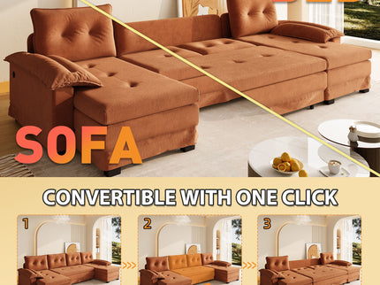 U-Shaped Sleeper Sofa With Pull Out Bed, Removable Armrests & USB Ports For Living Room