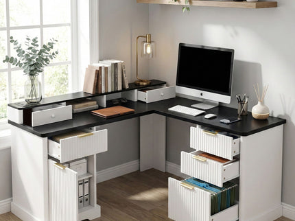 Fluted L-Shaped Desk With Charging Station & Storage Cabinet