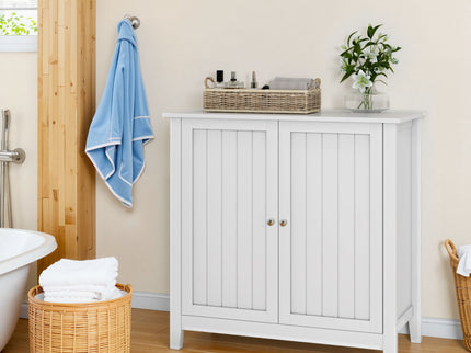 Mid Century Modern Double Door Storage Cabinet With Knobs - White