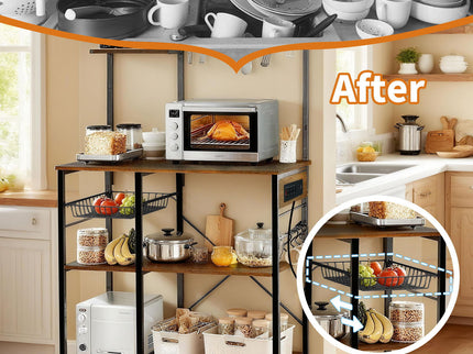 Bakers Rack With Power Outlet, Coffee Bar With S-Shaped Hooks, Kitchen Shelf With Wire Basket - Black / Brown