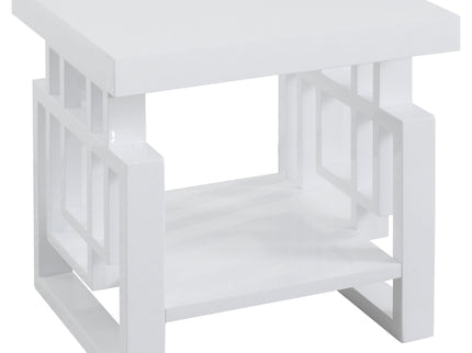 Rectangular End Table With Geometric Design And Open Shelf - White