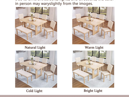 6 Piece Rectangular Kitchen Table Set With Bench And 4 Upholstered Chairs For Kitchen - Light Oak