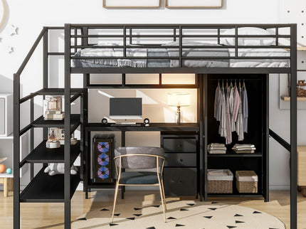 Full Size Loft Bed With Desk Set And Wardrobe - Black