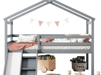 Low Loft House Bed With Slide, Ladder, Safety Guardrails, House Roof Frame