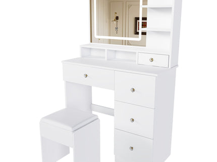 Vanity Desk With Mirror, 3 Color Lighting And Stool