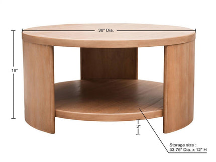 Minimalist Round Coffee Table With Shelf Storage - Natural