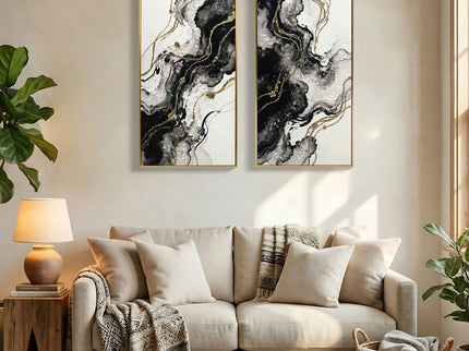 Large Framed And Abstract Wall Art, Minimalist Canvas Prints (Set of 2) - White / Black