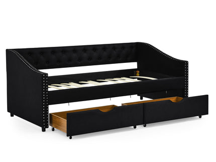 Upholstered Tufted Daybed With 2 Drawers, Waved Arms