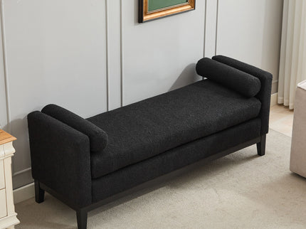 Elegant Upholstered Bench, Daybed, Ottoman With Wood Legs & 2 Bolster Pillows - Black Boucle