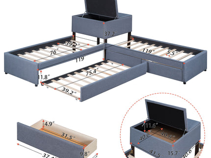 L Shaped Upholstered Platform Bed With Trundle And 2 Drawers Linked With Built In Desk