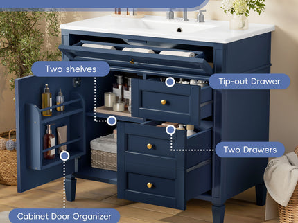 Bathroom Vanity With Top Sink, 2 Drawers, Tip Out Drawer