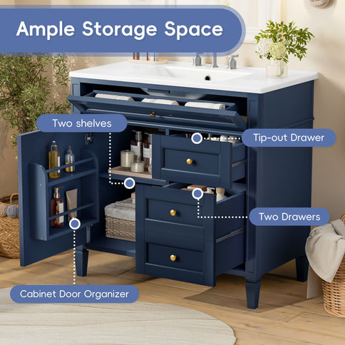 Bathroom Vanity With Top Sink, 2 Drawers, Tip Out Drawer