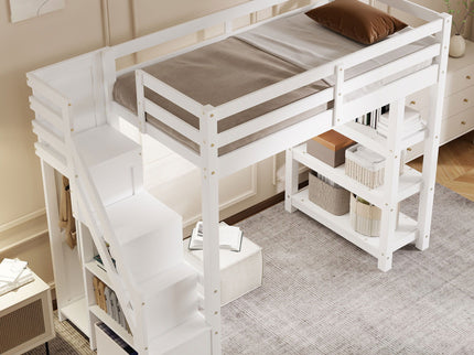 Loft Bed With 4 Layer Shelves, Storage Staircase, Small Wardrobe And LED Light