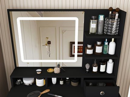 Vanity Desk With Mirror, 3 Color Lighting And Stool