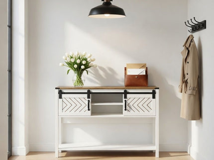 Entryway Table With Sliding Barn Door Storage - White / Oak