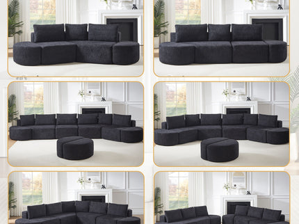 V - Shaped Modular Sofa Set & 3 Pillows And 2 Curved Ottomans For Living Rooms - Black