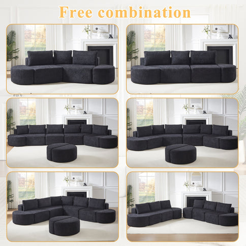 V - Shaped Modular Sofa Set & 3 Pillows And 2 Curved Ottomans For Living Rooms - Black