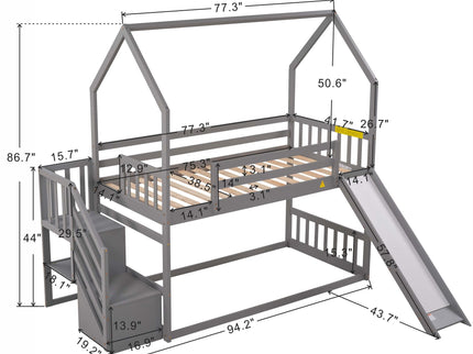 Twin Over Twin House Bunk Bed With Convertible Slide, Storage Staircase