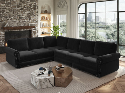 L-Shaped Sofa Couch With Pull Out Bed With Nailhead Trim & Rolled Arm