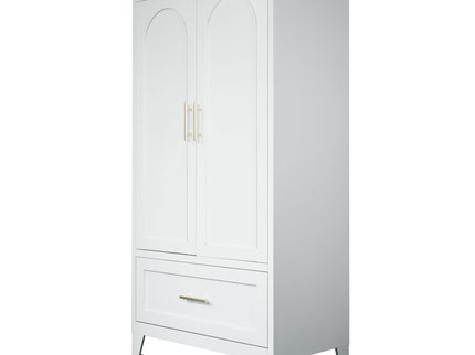 Wardrobe Cabinet With 1 Drawer And Hanging Rod, 2 Doors Closet With Shelf For Bedroom - White