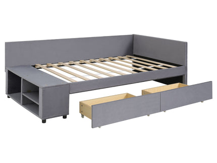 L Shaped Upholstered Platform Bed With Storage And Drawers
