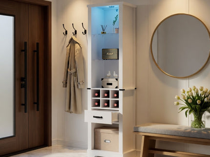 Pantry Cabinet With LED Lights, Wine Rack, Tempered Glass Shelves, And Barn Door Design - White