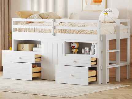 Loft Bed With 4 Drawers, Underneath Cabinet And Shelves