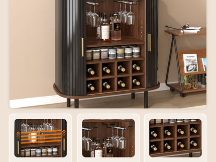 Fluted Wine Bar Cabinet With 8 Grid Wine Rack, 5 Level Adjustable Shelves, 2 Glass Holders