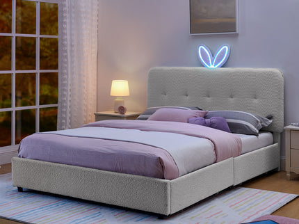 Upholstered Bed With Oversized Rabbit Ear Headboard, LED Lights & 4 Storage Drawers