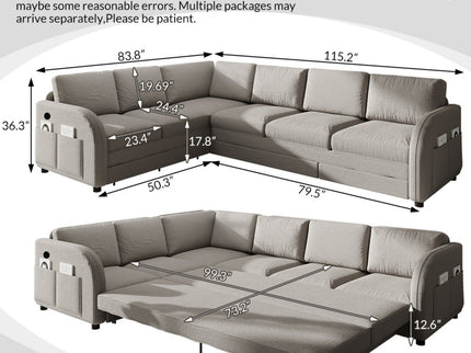 L-Shaped Couch With Pull-Out Bed, Convertible Sleeper Sofa With Side Pocket & USB Port