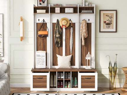 5 In 1 Entryway Bench With Coat Rack, 7 Sturdy Hooks, 2 Spacious Drawers And Adjustable Shelves