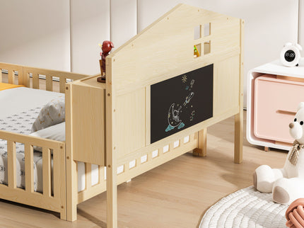 Full Size Montessori Floor Bed With Bookcases And boards, Solid Wood Platform Bed With Guard Rails And Storage Headboards - Natural