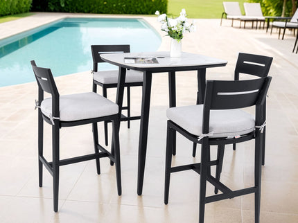 Modern Outdoor Patio Bar Set, Rounded Square Table & Bar Chairs, Non Rust Frame, Tapered Legs, Sunbrella Cushion
